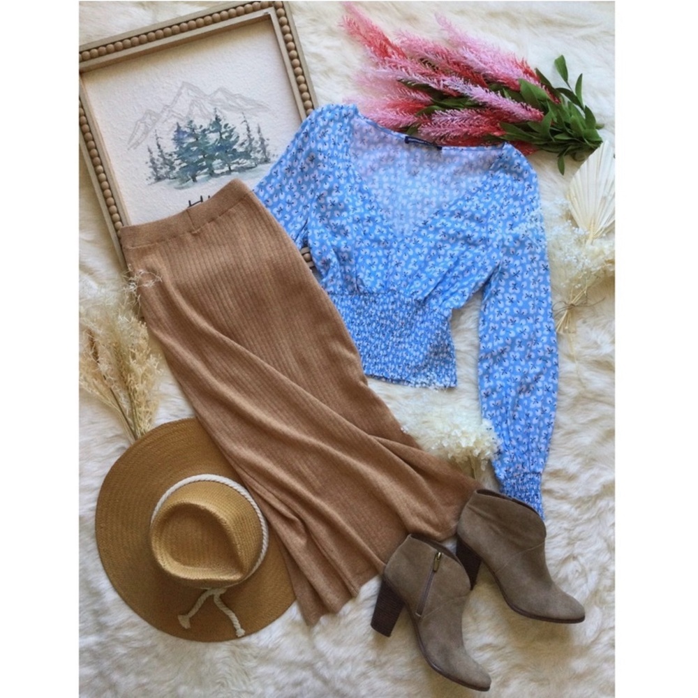 Free People XS Heathered Brown Ribbed Knit Slit Midi Skirt Western Boho Neutral - Picture 13 of 14